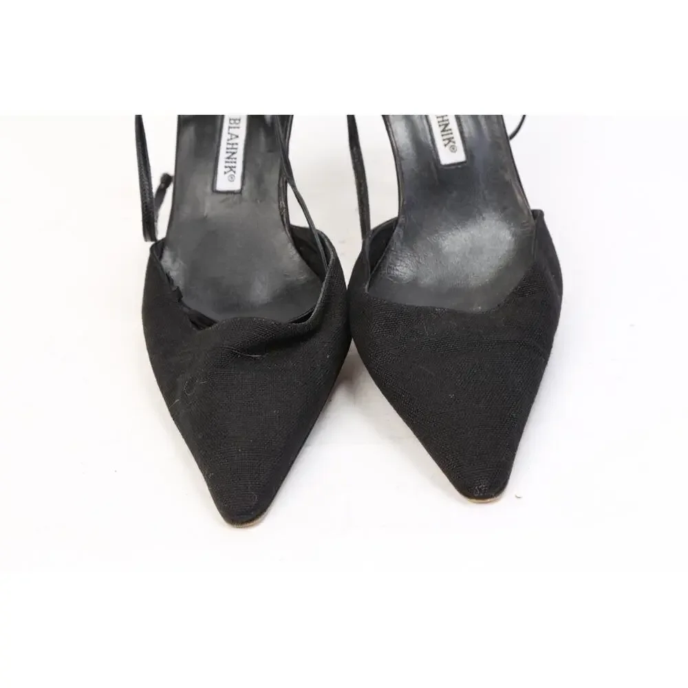 Manolo Blahnik Black Canvas Pointed Toe Cut Out Ankle Strap Pumps Size 35.5